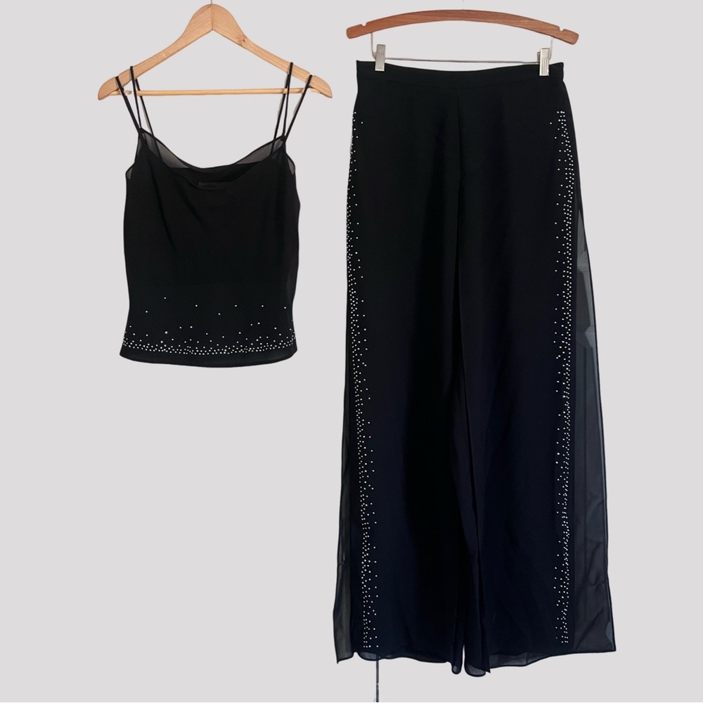 Vintage Betsy & Adam 2 Piece Set Semi-Sheer Wide Leg Flare Rhinestone Details